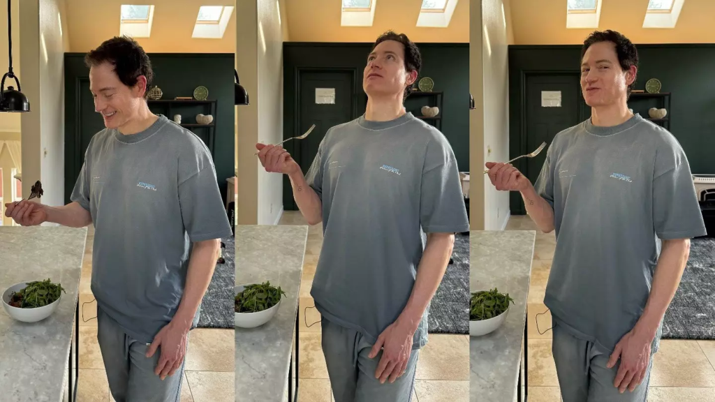 A three frame photo of bryan johnson eating a salad after his psilocybin experience
