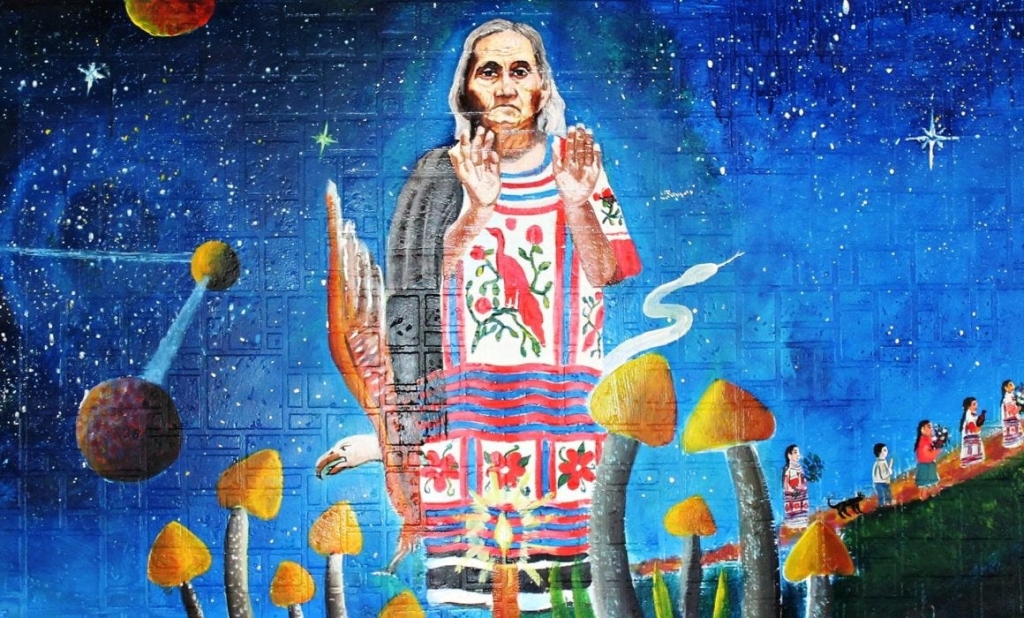 A fresco painting of Maria Sabina with little mushrooms in the front and people walking in background.