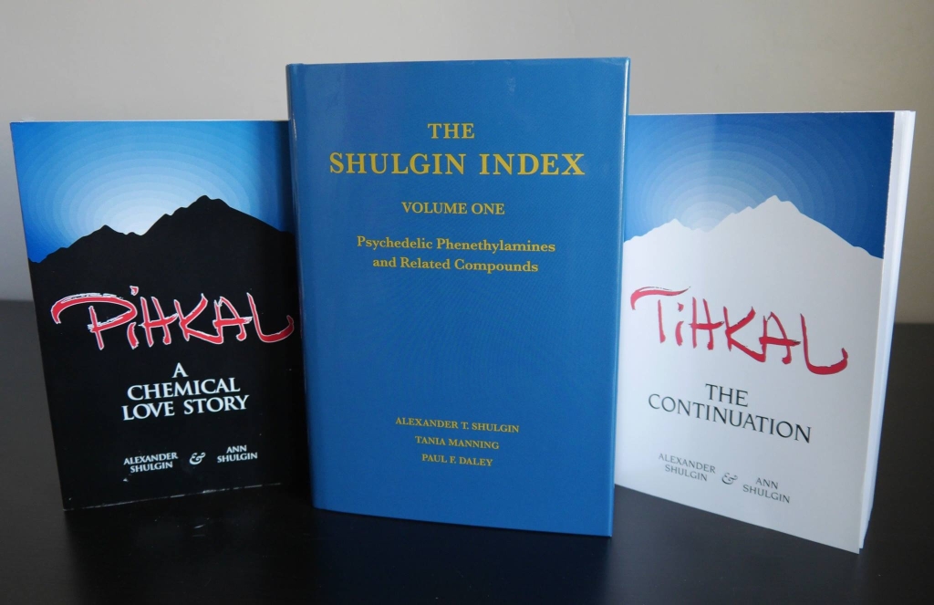 Three books, including PIHKAL and TIHKAL by the Shulgins, which examine phenethylamines and tryptamines.