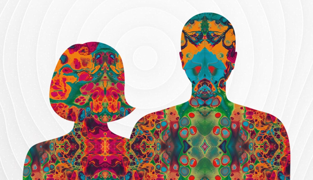 Two outlines of a woman and a man, with psychedelic patterns on the inside.
