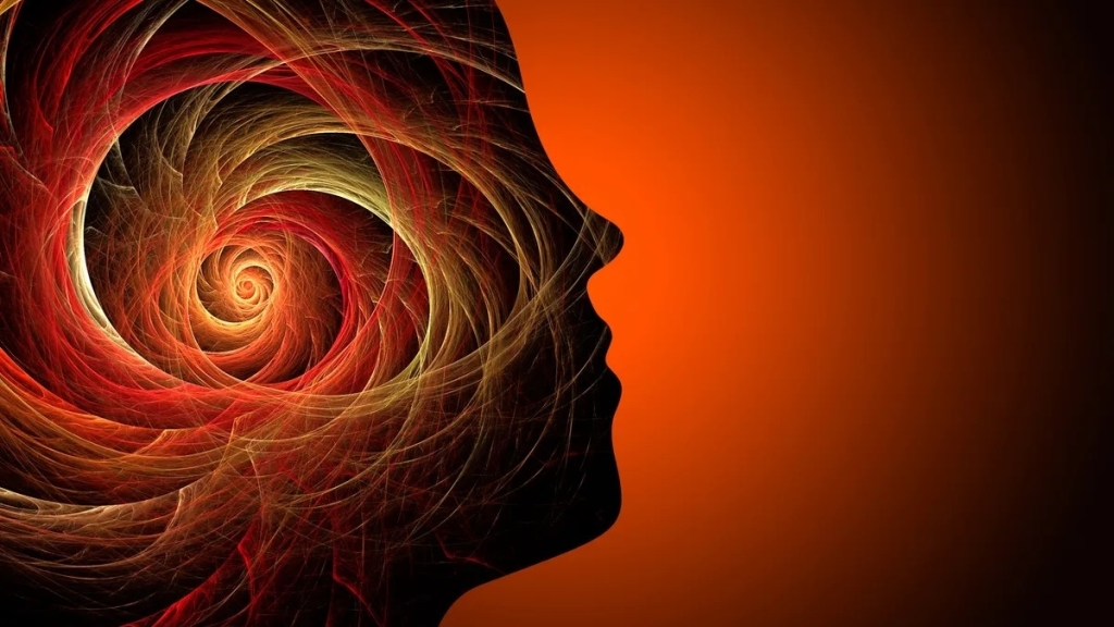 Outline of head with swirling red, gold, and black colors symbolizing the distress of bad psychedelic trips