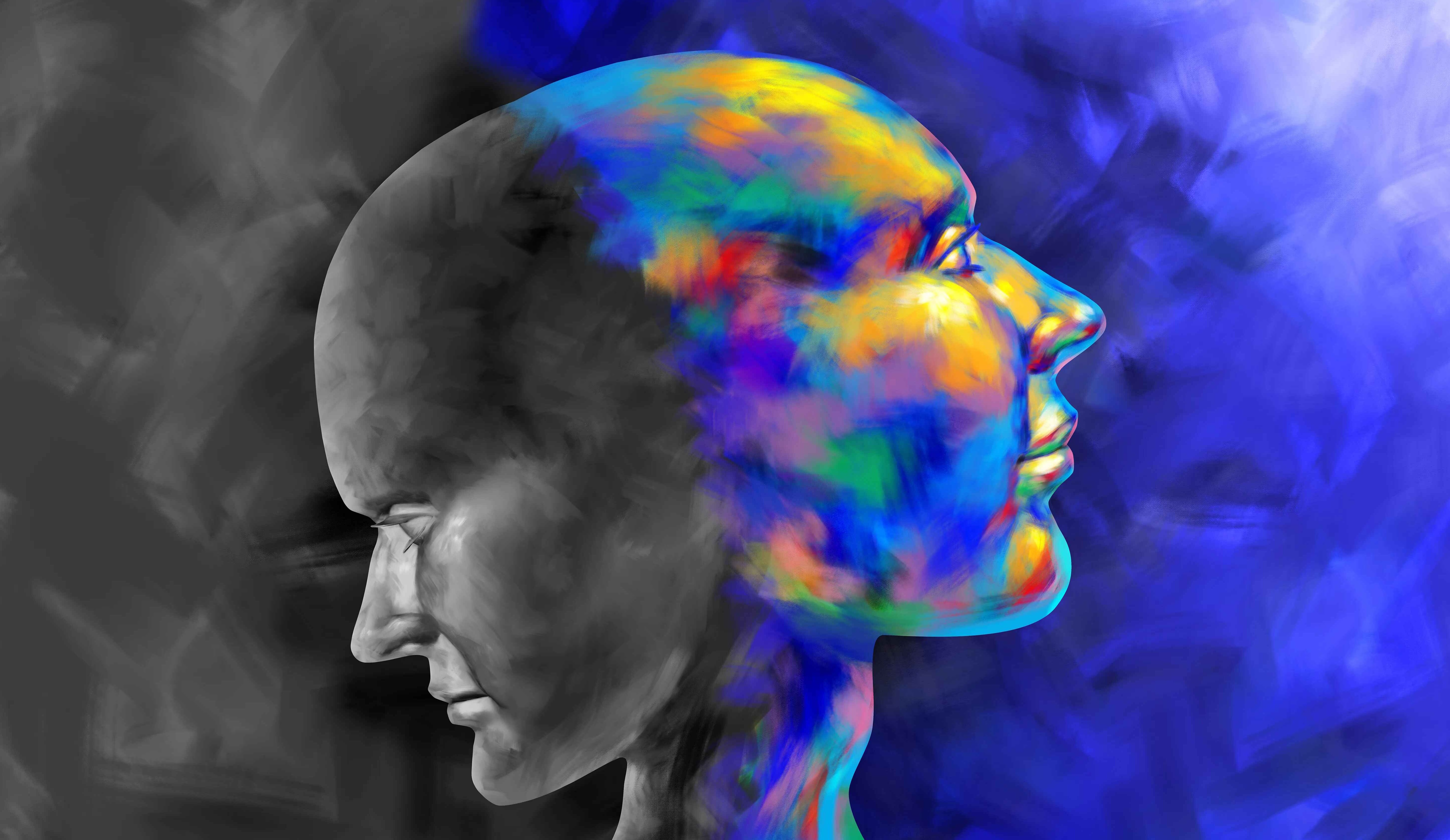 Artwork of two-sided head with one black and white and the other colorful, depicting bad psychedelic trips vs good trips.
